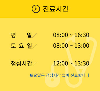 진료시간 평일 오전 8시~오후 4시 30분, 점심 12시~오후 1시 30분, 토요일 오전 8시~오후 1시, 일요일·공휴일 휴진